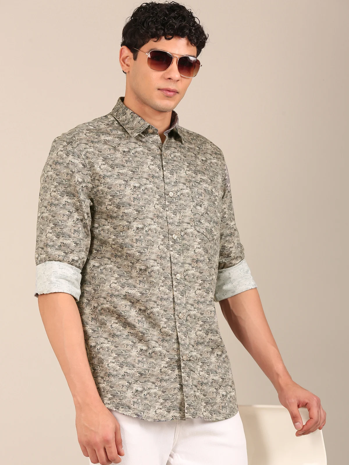 slim fit printed shirt for men in beige