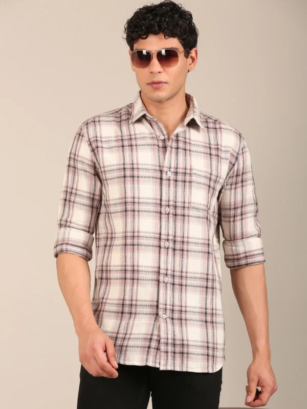 textured cotton dobby shirt men mauve check pattern detail