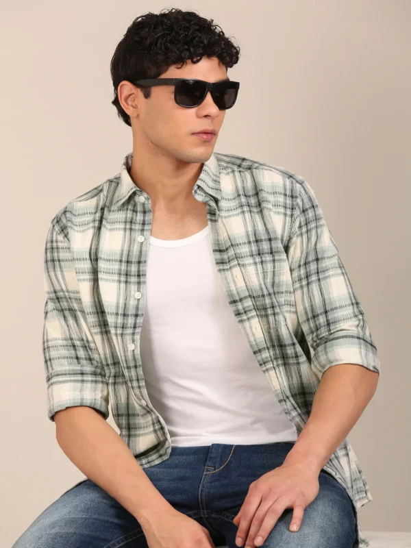 men slim fit check shirt dusty blue full sleeve front
