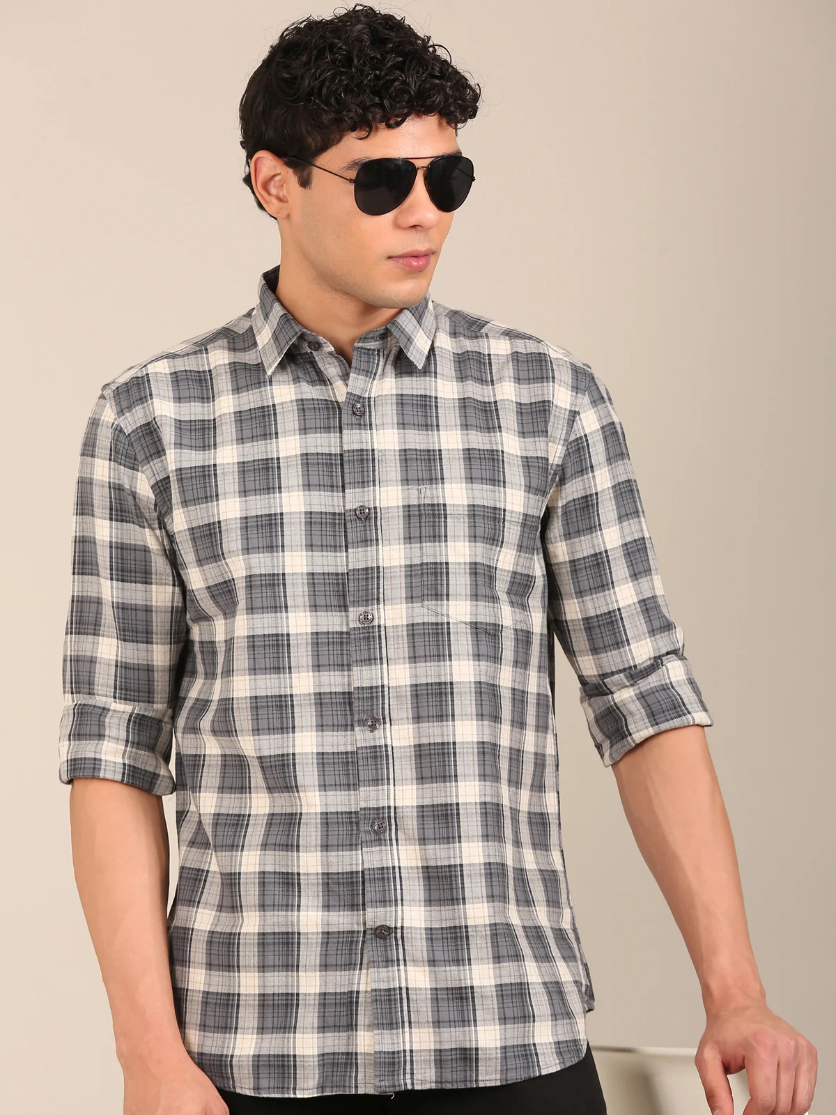 slim fit check shirt for men Charcoal grey flashyn