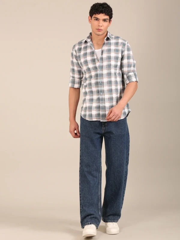 men slim fit check shirt dusty teal blue full sleeve front