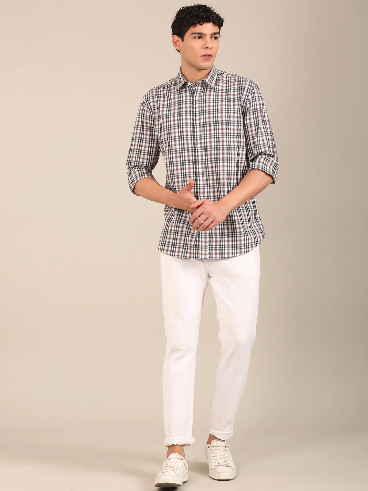 Slim Fit Check Shirt for Men – Navy Brown Giza Cotton Twill