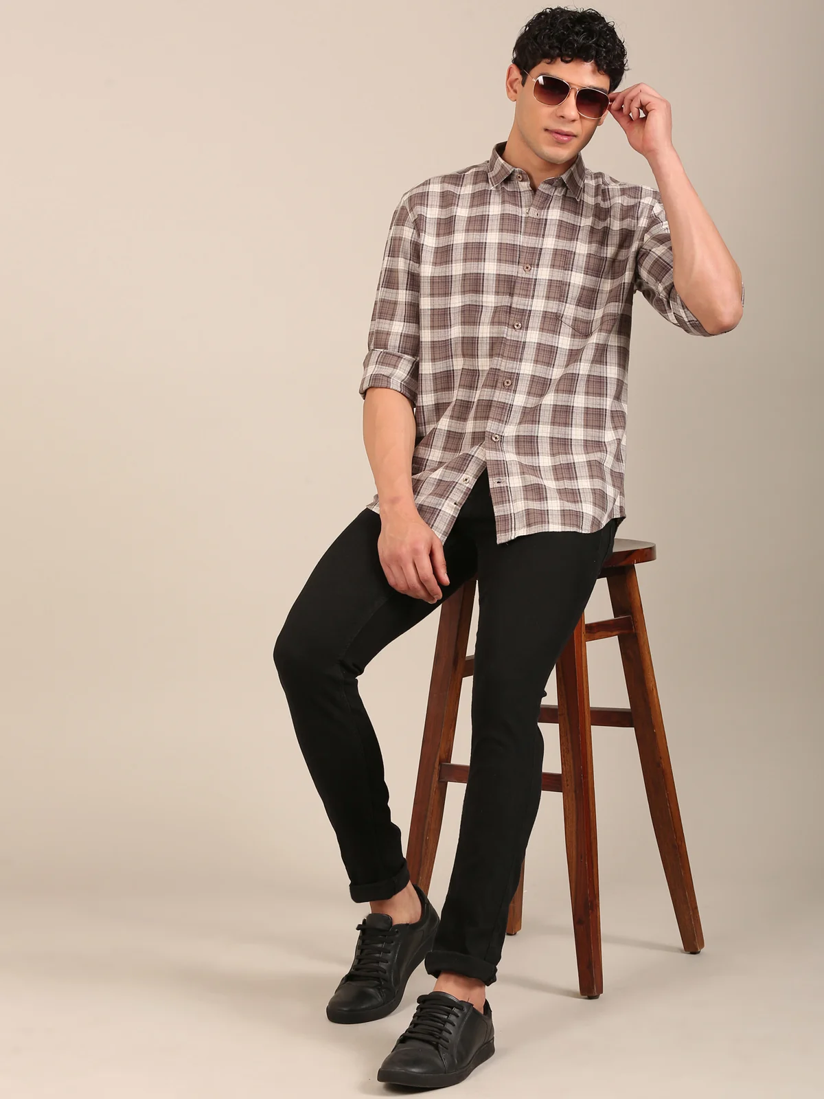 slim fit check shirt for men brown flashyn