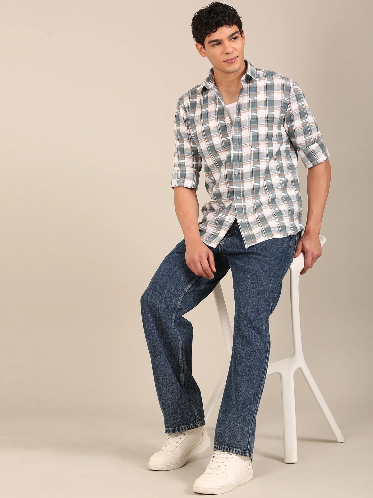 slim fit check shirt for men teal blue flashyn