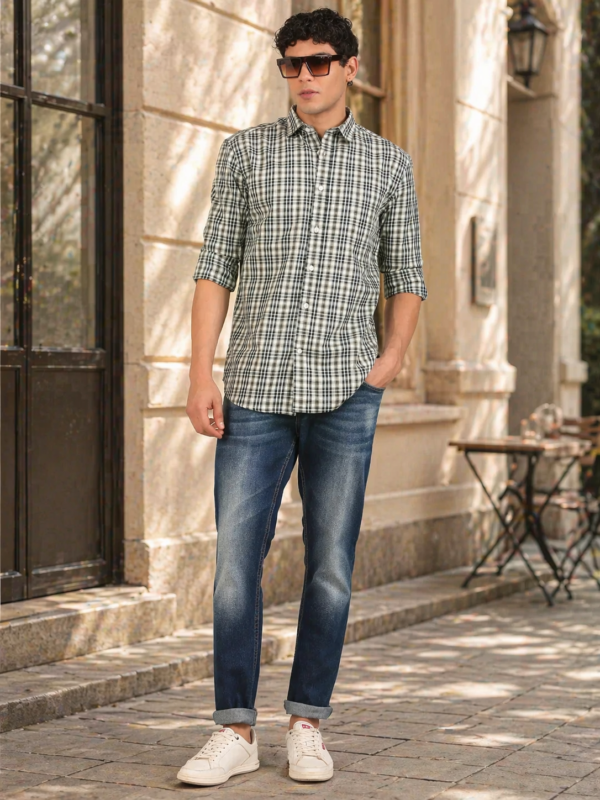 Flashyn slim fit olive navy check shirt for men front view
